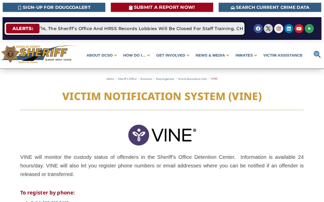 Douglas County Sheriff's Office VINE instructions for custody status and release notifications